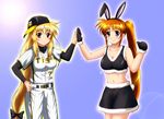  animal_ears baseball_cap baseball_uniform belt blonde_hair blush bow breasts bunny_ears cleavage clothes_writing crop_top day diesel-turbo fake_animal_ears fate_testarossa fur_trim gloves hair_bow hairband hand_on_hip hanshin_tigers hat holding_hands large_breasts lens_flare long_hair low-tied_long_hair lyrical_nanoha mahou_shoujo_lyrical_nanoha medium_breasts midriff mizuki_nana multiple_girls navel nippon_professional_baseball outdoors ponytail purple_eyes red_eyes red_hair seiyuu_connection side_ponytail skirt sky smile sportswear standing striped sun takamachi_nanoha tamura_yukari thumbs_up turtleneck very_long_hair 