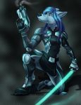  blue_hair canine chibi-marrow gun hair lightsaber male ming shadowzero20 solo weapon wolf 