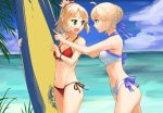  ahoge artoria_pendragon_(all) artoria_pendragon_(swimsuit_archer) bikini blue_ribbon blue_sky bracelet braided_bun breasts cleavage cloud collarbone cowboy_shot day eye_contact eyebrows_visible_through_hair fate/grand_order fate_(series) from_side green_eyes groin hair_ornament hair_ribbon hair_scrunchie hand_on_another&#039;s_shoulder jewelry looking_at_another mordred_(fate)_(all) mordred_(swimsuit_rider)_(fate) navel ocean open_mouth outdoors ponytail red_bikini red_scrunchie ribbon scrunchie side-tie_bikini sky small_breasts swimsuit touru_10ru 