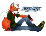  black_nose canine claws clothed clothing dragondrawer fingerless_gloves fox fox_mccloud gloves green_eyes grin jewelry looking_at_viewer male mammal neckerchief nintendo plain_background sitting solo star_fox tail video_games white_background 