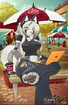  cat coffe coffee computer cute eyewear feline female glasses hair headphones jeso laptop long_hair mammal spanish_text text 