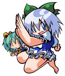  barefoot blue_eyes blue_hair blush_stickers cirno daiyousei fang green_hair ichi_(ichikai) multiple_girls navel side_ponytail simple_background sweatdrop touhou |_| 