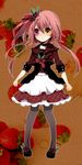  bad_id bad_pixiv_id brown_hair choker flower food fruit fruit_background gothic heterochromia highres original pantyhose plaid plaid_skirt red_flower red_rose rose satsushi shoes skirt solo strawberry 