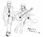  1girl angel_beats! bottle greyscale guitar instrument iwasawa kirishita_yuuji monochrome otonashi_(angel_beats!) school_uniform serafuku short_hair sleeves_rolled_up 