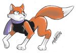  all_fours canine clothing fox mammal peterson plain_background solo tail tight_clothing white_background 