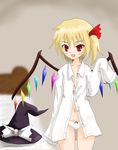  bad_id bad_pixiv_id bed blonde_hair dress_shirt flandre_scarlet hat no_pants oversized_clothes panties ponytail red_eyes shirt side_ponytail smile solo sumapan touhou unbuttoned underwear white_panties wings witch_hat 