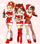  3girls alcohol angry bare_shoulders biting black_eyes bow brown_hair cake champagne choker christmas detached_sleeves dreadlocks dress earrings endou_mamoru fishnets food fruit fudou_akio genderswap green_eyes hair_bow hairlocs hat headband high_heels inazuma_eleven inazuma_eleven_(series) jewelry kidou_yuuto licking long_hair makeup mohawk multiple_girls nail_polish orange_hair ponytail red_eyes santa_costume santa_hat shoes short_hair strawberry sweat teeth thighhighs tongue twintails wine 