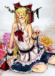  bad_id bad_pixiv_id bespectacled blonde_hair bow chain cup drinking_glass flower glasses hair_bow horns ibuki_suika long_hair nuvo0909 solo touhou wine_glass yellow_eyes 