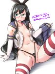  1girl 2019 artist_name black_hair black_panties blue_eyes blue_skirt blush breasts cosplay crop_top elbow_gloves glasses gloves highleg highleg_panties kantai_collection long_hair looking_at_viewer miniskirt navel ooyodo_(kantai_collection) open_clothes open_shirt panties pleated_skirt sailor_collar shimakaze_(kantai_collection) shimakaze_(kantai_collection)_(cosplay) sitting skirt skirt_removed small_breasts solo striped striped_legwear tatsumi_ray thighhighs twitter_username underwear white_gloves 