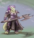  2009 axe deadspring dragon female hair horns long_hair looking_at_viewer miranda purple_hair scalie solo standing tail weapon 
