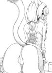  animal_ears arm_support ass blush breasts cat_ears cat_tail corset final_fantasy final_fantasy_xi from_behind gochou_(kedama) greyscale highres leaning_forward looking_back mithra monochrome ponytail solo tail 