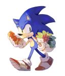  bluekomadori creature creatures_(company) eating food furrowed_eyebrows game_freak gen_4_pokemon gloves happy highres holding holding_food holding_pokemon hot_dog nintendo no_humans pokemon pokemon_(creature) red_footwear shaymin shoes simple_background smile sonic sonic_the_hedgehog super_smash_bros. trait_connection walking white_background white_gloves 