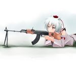  animal_ears gun hat inubashiri_momiji kcme light_machine_gun lying on_stomach rifle rpk solo tokin_hat touhou weapon white_hair wolf_ears 