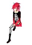  boots cul dress headphones highres image_sample long_hair md5_mismatch pixiv_sample ponytail red_eyes red_hair simple_background sitting solo striped striped_legwear thighhighs vient vocaloid vy1 