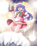  blue_hair christmas flx gift gloves hat hinanawi_tenshi holding holding_gift long_hair red_gloves santa_costume santa_hat solo thighhighs touhou white_legwear 