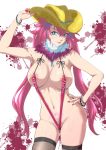  1girl areola_slip areolae arm_up blue_eyes blush bracelet breasts cameltoe cleavage commentary cowboy_hat erect_nipples fur_trim groin hand_on_headwear hand_on_hip hat jewelry kagura_(oneechanbara) large_breasts lips long_hair looking_at_viewer minpei_ichigo nail_polish navel oneechanbara parted_lips pink_hair pubic_tattoo revision shiny shiny_hair shiny_skin sideboob skindentation slingshot slingshot_swimsuit smile solo standing strap_gap sweat swimsuit tattoo teeth thighhighs thighs twintails very_long_hair 