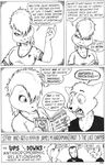  cameo comic desiree english_text feline female human james_m_hardiman johnny_the_homicidal_maniac lizard looking_at_viewer male mammal monochrome noodle_boy plain_background reptile scalie text tom ups_and_downs white_background 