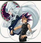 1girl belt bracelet breasts choker duel_monster hand_on_own_chest helmet jewelry large_breasts lazward letterboxed long_hair mutou_yuugi outstretched_arm profile silent_magician silver_hair sleeveless very_long_hair yuu-gi-ou yuu-gi-ou_duel_monsters 