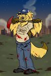  blood canine dog hat jeans looking_at_viewer mammal piercing solo spookaboo weapon 