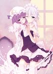  bad_id bad_pixiv_id bespectacled blue_eyes blush braid crescent glasses hat hug hug_from_behind izayoi_sakuya long_hair maid maid_headdress multiple_girls patchouli_knowledge purple_eyes purple_hair short_hair silver_hair thighhighs tooya_(tsuyukusa) touhou twin_braids white_legwear yuri zettai_ryouiki 