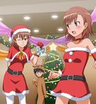  animal_costume bare_shoulders black_hair blush brown_eyes brown_hair christmas christmas_ornaments christmas_tree hairband hat kamijou_touma kasumi_uzuki misaka_mikoto misaka_misuzu mother_and_daughter multiple_girls one_eye_closed open_mouth pantyhose photo_(object) reindeer_costume santa_costume santa_hat short_hair spiked_hair to_aru_majutsu_no_index white_legwear 