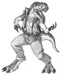  2008 abs belt digitigrade dinosaur fingerless_gloves gloves jeans male necklace open_mouth open_shirt pants predaguy scalie shirt solo standing t-rex tail teeth tongue 