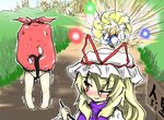  animal_ears bad_id bad_pixiv_id between_legs cat_ears cat_tail chen daitiru fox_tail glowing glowing_eyes hat long_hair multiple_girls multiple_tails panties red_eyes short_hair skirt_tied_over_head tail tail_between_legs touhou trembling underwear yakumo_ran yakumo_yukari 