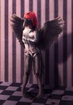  avian bdsm beak bird blood bondage bound checkered_floor clipped_wings crow feathers female hair insane_asylum miss_cornicks nathradas red_hair straitjacket striped_wall wings 