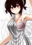  armpits bad_id bad_pixiv_id bare_shoulders black_hair blush bra breasts cleavage dress konohana_saku lingerie lying medium_breasts on_back original red_eyes short_hair solo striped striped_bra striped_dress swimsuit underwear 