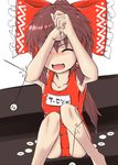  alternate_color_school_swimsuit armpits bad_id bad_pixiv_id bow brown_hair closed_eyes coin covering hair_bow hakurei_reimu long_hair masixu money one-piece_swimsuit red_swimsuit school_swimsuit sitting solo swimsuit throwing touhou translated 