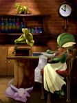  bar bottle chair clock cupboard espeon eyes_closed female gardevoir grammophone luxray lying music phonograph pok&eacute;mon shelves sitting sleeping statue tables unknown_artist violin 