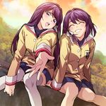  ^_^ clannad closed_eyes dutch_angle foreshortening fujibayashi_kyou fujibayashi_ryou grin hair_ribbon hands head_tilt hikarizaka_private_high_school_uniform knees_together_feet_apart long_hair looking_at_viewer multiple_girls open_mouth outdoors outstretched_arm pop_kyun purple_eyes purple_hair ribbon round_teeth school_uniform short_hair siblings sisters sitting smile teeth thighhighs twins 