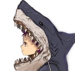  animal_costume dorohedoro ebisu_(dorohedoro) great_white_shark kirusu lowres purple_hair red_eyes shark simple_background solo 