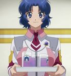  blue_eyes blue_hair drink highres kusuha_mizuha screencap smile solo stitched super_robot_wars super_robot_wars_original_generation third-party_edit tray 