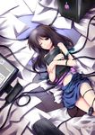  absurdres bare_shoulders brown_hair cable computer desk desktop highres huangquan_dong_(sinchi) keyboard_(computer) lying monitor mouse_(computer) navel on_back one_eye_closed original paper purple_eyes solo stylus tablet 