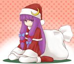  :&lt; bored hat long_hair nice pantyhose patchouli_knowledge sack santa_costume sitting solo staring touhou wariza white_legwear 