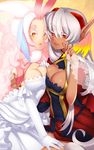  breasts cleavage dark_skin hazuki_gean large_breasts long_hair multiple_girls pixiv_fantasia pixiv_fantasia_3 pixiv_fantasia_4 pointy_ears red_eyes silver_hair yellow_eyes 