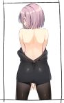  1girl ass bangs bare_back black_jacket black_legwear eyebrows_visible_through_hair fate_(series) from_behind highres jacket kei_(soundcross) looking_back mash_kyrielight off_shoulder open_clothes open_jacket pantyhose purple_eyes purple_hair shiny shiny_hair short_hair simple_background solo standing unzipped white_background zipper_pull_tab 