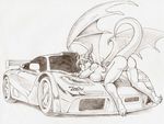  ass_up bent_over black_and_white breasts butt car dragon female horn horns kirianna monochrome nude presenting presenting_hindquarters pussy raised_tail scalie sketch solo tail wings zavian 