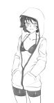  1girl :3 bike_shorts bikini_top blush breasts collarbone cowboy_shot eyebrows_visible_through_hair freckles greyscale hands_in_pockets hood hoodie long_sleeves looking_at_viewer mari_(twrlare) monochrome original partially_unzipped short_hair small_breasts smile solo twrlare 