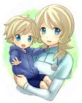  1girl age_difference asemu_asuno blonde_hair blue_eyes blush carrying emily_armond gundam gundam_age hood hoodie mother_and_son motherly nogusa_(shamo_nb) older open_mouth outstretched_arm shorts younger 