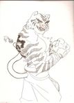  black_and_white bleu_zabuzoaha blue feline grin male monochrome solo tattoo tiger topless troc_9116 