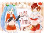  banjima_buki belt bustier christmas earrings gift hair_ornament hand_on_hip hat hatsune_miku holly holly_hair_ornament jewelry lingerie long_hair meiko midriff multiple_girls navel santa_costume santa_hat shorts skirt smile star star_earrings thighhighs twintails underwear very_long_hair vocaloid wrist_cuffs zipper 