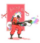  clothing costume english_text equine flamethrower horn human male mammal mask not_furry pyro_(team_fortress_2) rainbow rainbows ranged_weapon solo team_fortress_2 text unicorn weapon xcopycat 