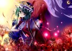  alternate_costume back-to-back bad_id bad_pixiv_id contemporary crescent_moon flower green_eyes green_hair hair_bobbles hair_ornament moon multiple_girls onozuka_komachi red_eyes red_hair school_uniform shiki_eiki short_hair siva2justice spider_lily sunlight touhou two_side_up 