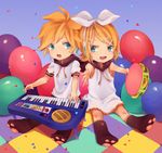  1girl akiyoshi_(tama-pete) bad_id bad_pixiv_id balloon brother_and_sister checkered checkered_floor child confetti headset instrument kagamine_len kagamine_rin paws piano siblings sitting tambourine twins vocaloid 