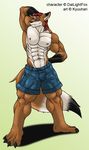  anthro balls biceps big_balls bulge canine clothing eyewear flexing fox fur glasses green_eyes kyuuhari legs male mammal muscles nipples pecs plain_background pose red_fur shorts solo topless white_background 