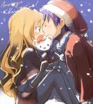  1girl aisaka_taiga blue blue_hair blush brown_eyes brown_hair christmas hat hetero kiss long_hair pantyhose santa_costume santa_hat shirotaka_(shirotaka) short_hair stuffed_animal stuffed_toy takasu_ryuuji teddy_bear toradora! 