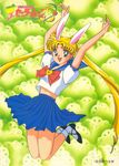  absurdres animal_ears arms_raised arms_up bishoujo_senshi_sailor_moon blonde_hair blue_eyes bunny_ears footwear happy highres jump jumping navel school_uniform shoes skirt smile socks tsukino_usagi twintails 