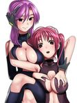  :o bad_id bad_pixiv_id blush bodysuit breast_grab breasts crossed_legs grabbing kinugasa_yuuichi large_breasts multiple_girls nail_polish open_mouth original pink_eyes pink_hair pink_nails purple_eyes purple_hair simple_background sitting smile twintails yuri 